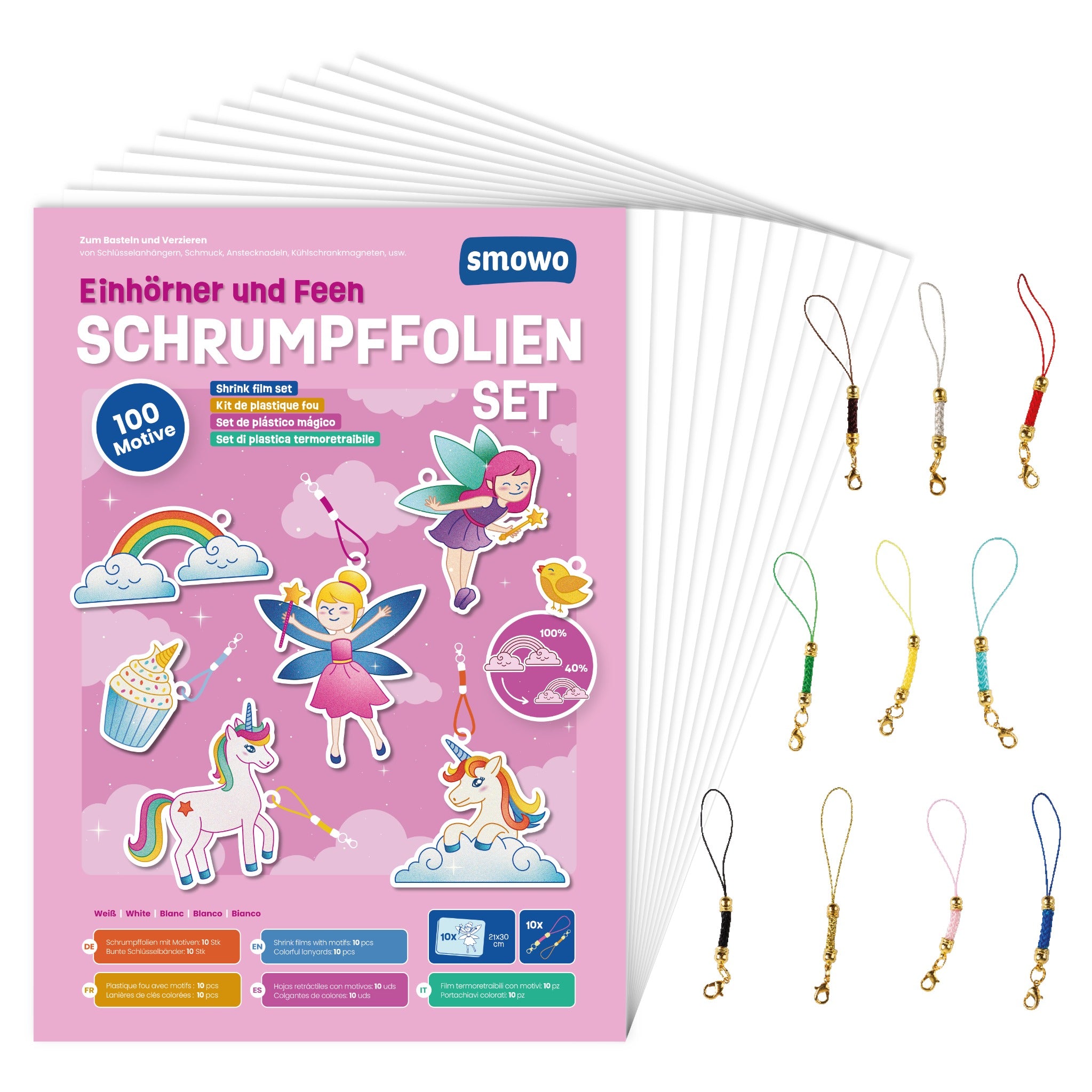 Smowo Schrumpffolien Bastelset mit Einhorn-Motiven und Schlüsselanhängern